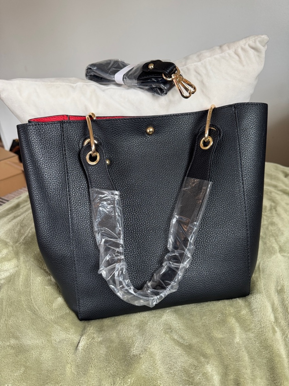 Classic Black Tote with Red Interior and Gold Hardware